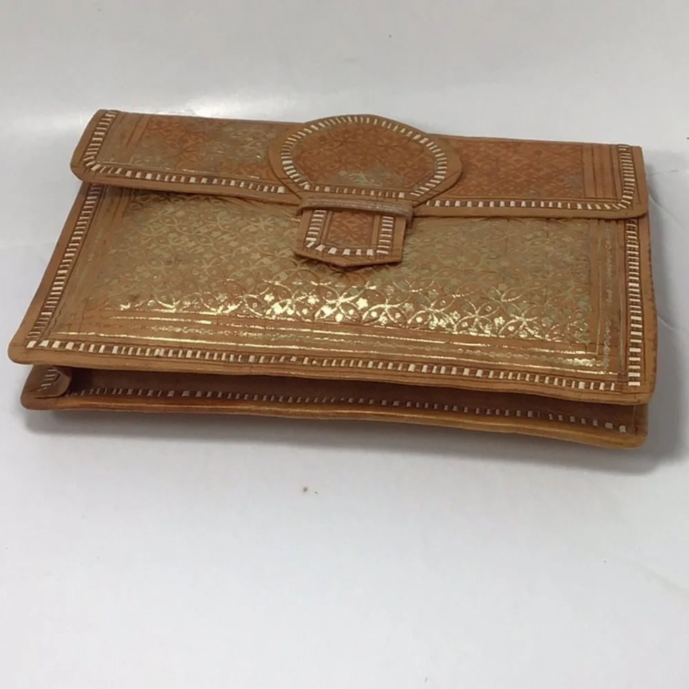 Vintage Moroccan Hand-Tooled Tooled Leather Gold Leaf Clutch & Wallet.